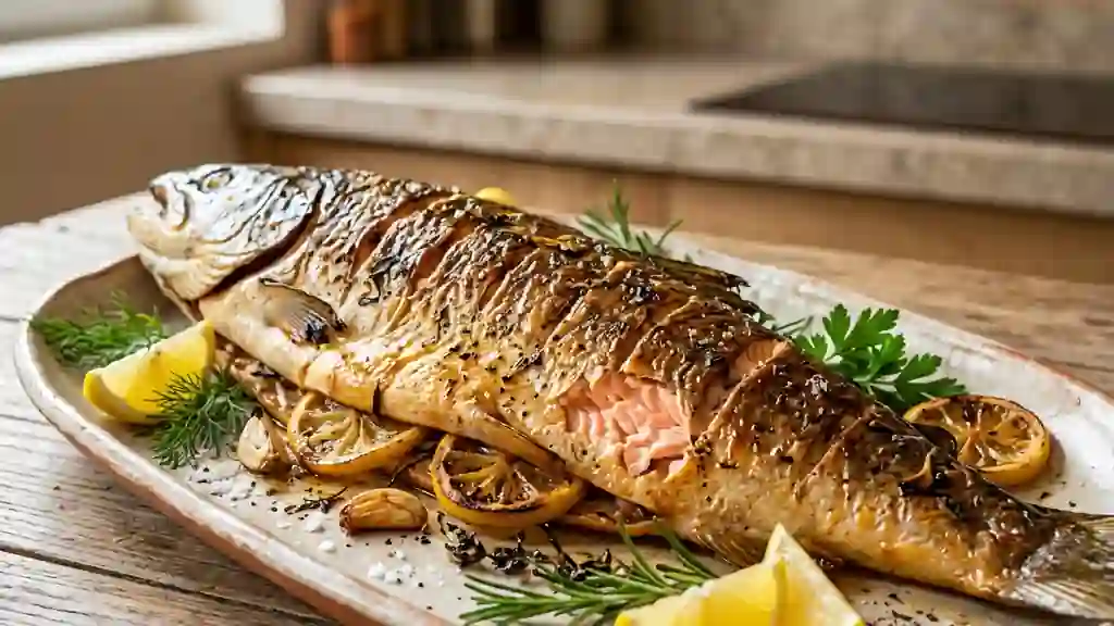 Saumon entier fondant au citron et ail - Photo de présentation