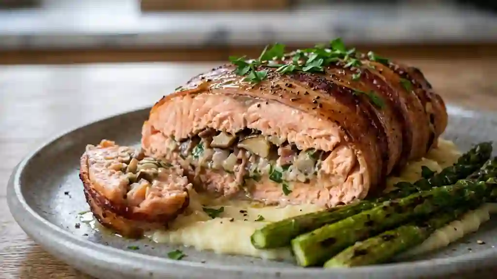 Saumon rôti aux cèpes et lard croustillant - Photo de présentation