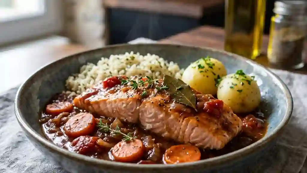 Saumon fondant braisé au vin rouge - Photo de présentation