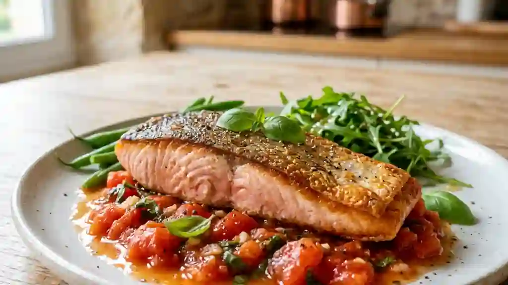 Pavé de saumon fondant, concassée de tomates - Photo de présentation