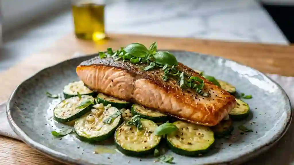 Saumon poêlé au basilic et courgettes croquantes - Photo de présentation