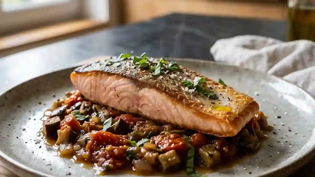 Saumon poêlé et confit fondant tomate-aubergine - Photo de présentation