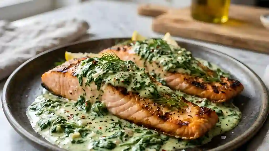 Saumon grillé et crème aux épinards - Photo de présentation