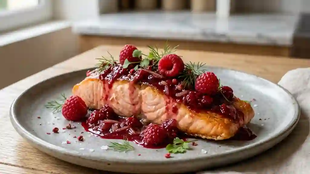 Saumon rôti au coulis acidulé framboise-miel - Photo de présentation