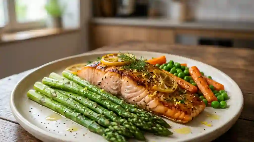 Saumon rôti, asperges croquantes et petits légumes - Photo de présentation