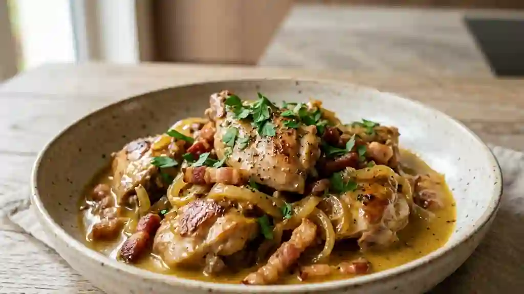 Sauté de lapin crémeux au curry et lardons - Photo de présentation