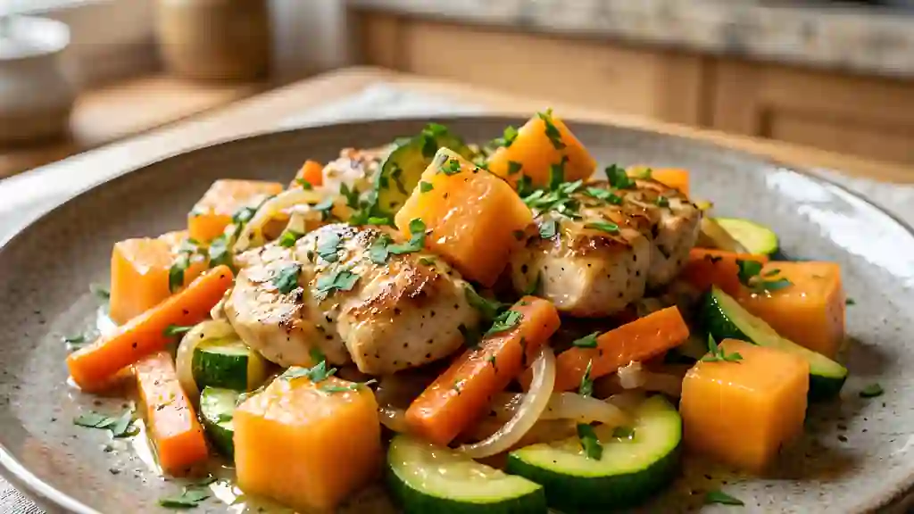 Sauté de poulet au melon et légumes croquants - Photo de présentation