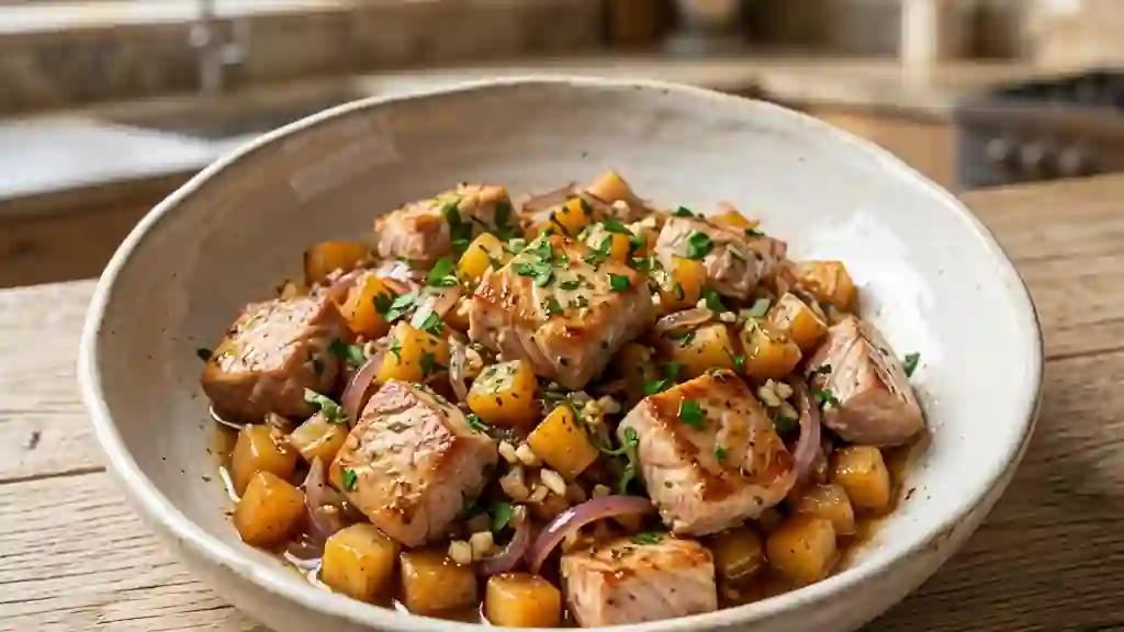 Sauté de thon aux pommes caramélisées - Photo de présentation