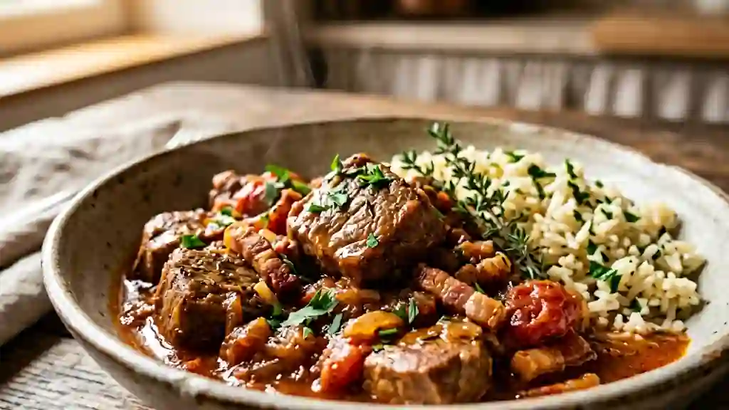 Veau fondant, lardons fumés et sauce au rosé - Photo de présentation