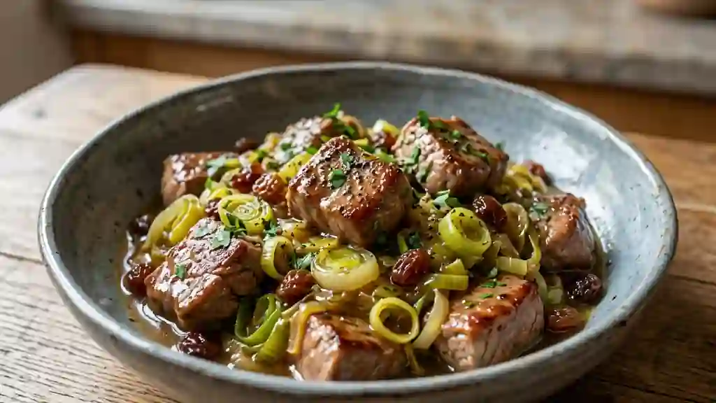 Sauté de veau tendre aux poireaux et raisins - Photo de présentation