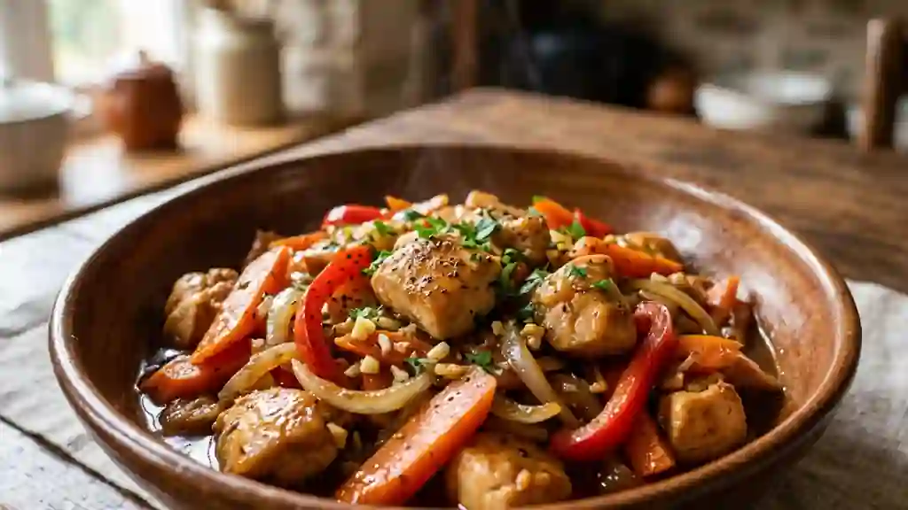 Sauté de poulet fondant au soja et poivrons - Photo de présentation