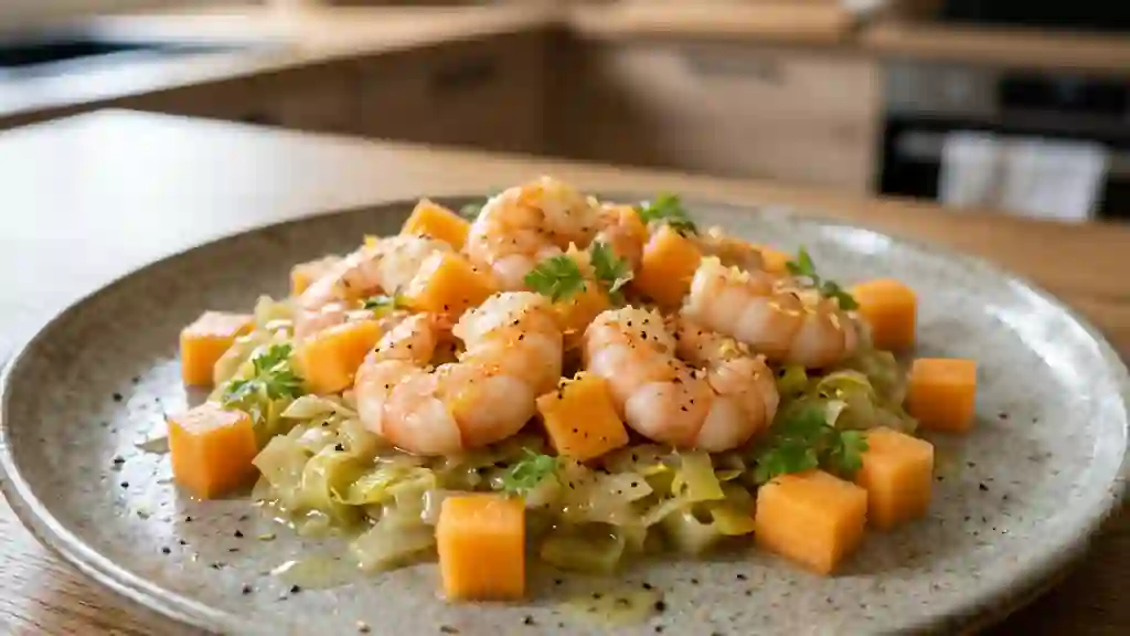 Poêlée de scampis aux poireaux et melon juteux - Photo de présentation