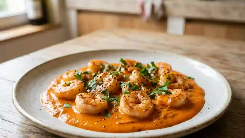 Scampis poêlés, crème de poivrons fondante - Photo de présentation