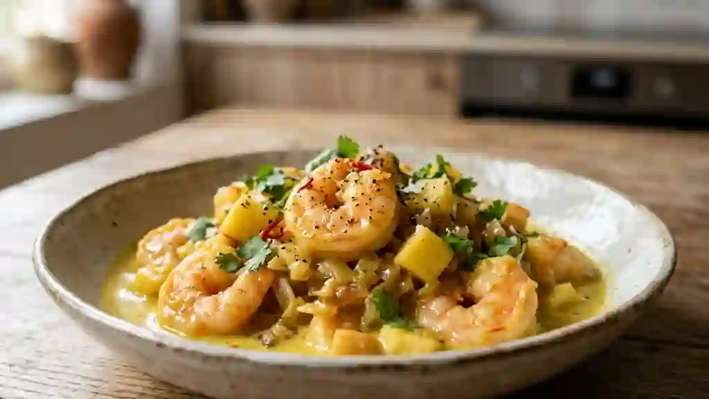 Scampis au curry et pommes croquantes - Photo de présentation