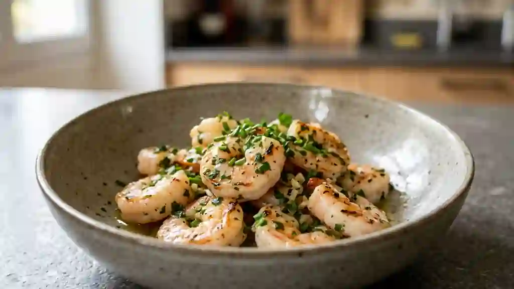 Scampis sautés à l'ail et herbes fraîches - Photo de présentation