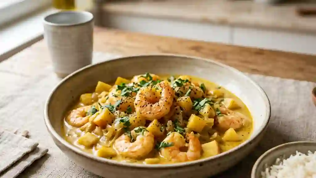 Scampis Crèmeux au Curry et Pommes Croquantes - Photo de présentation