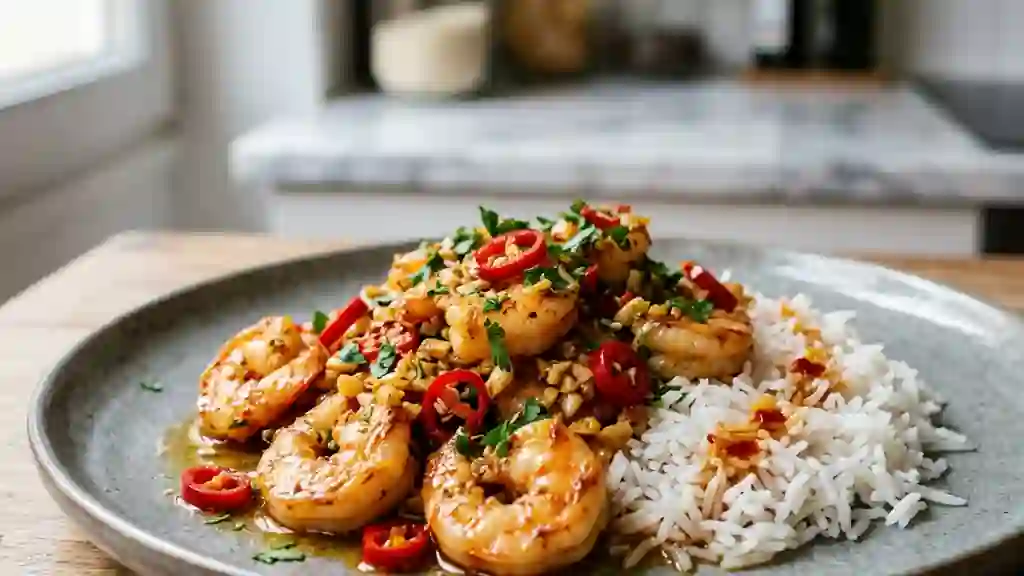 Scampis sautés au piment et ail fondant - Photo de présentation
