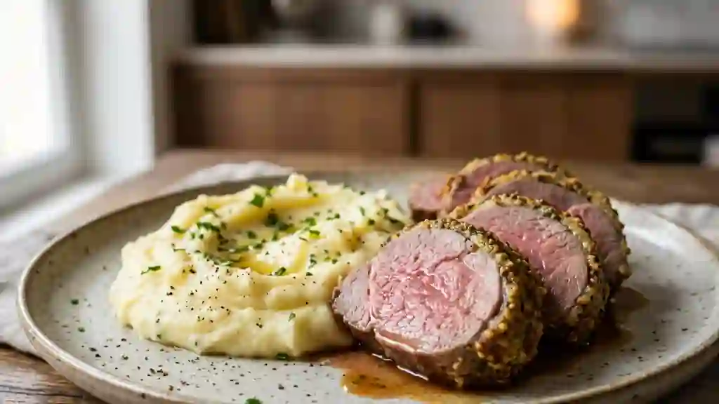 Selle d'agneau rosée, moutarde et purée au beurre - Photo de présentation