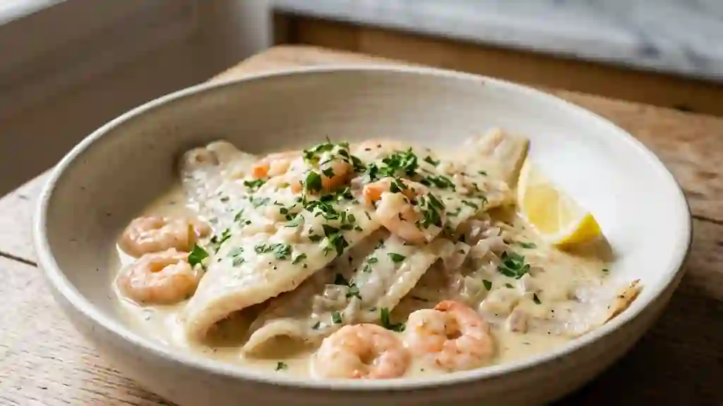 Sole à la dieppoise, crème onctueuse et crevettes - Photo de présentation