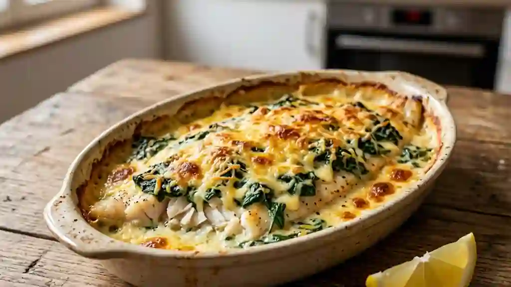 Soles gratinées à la crème et épinards frais - Photo de présentation