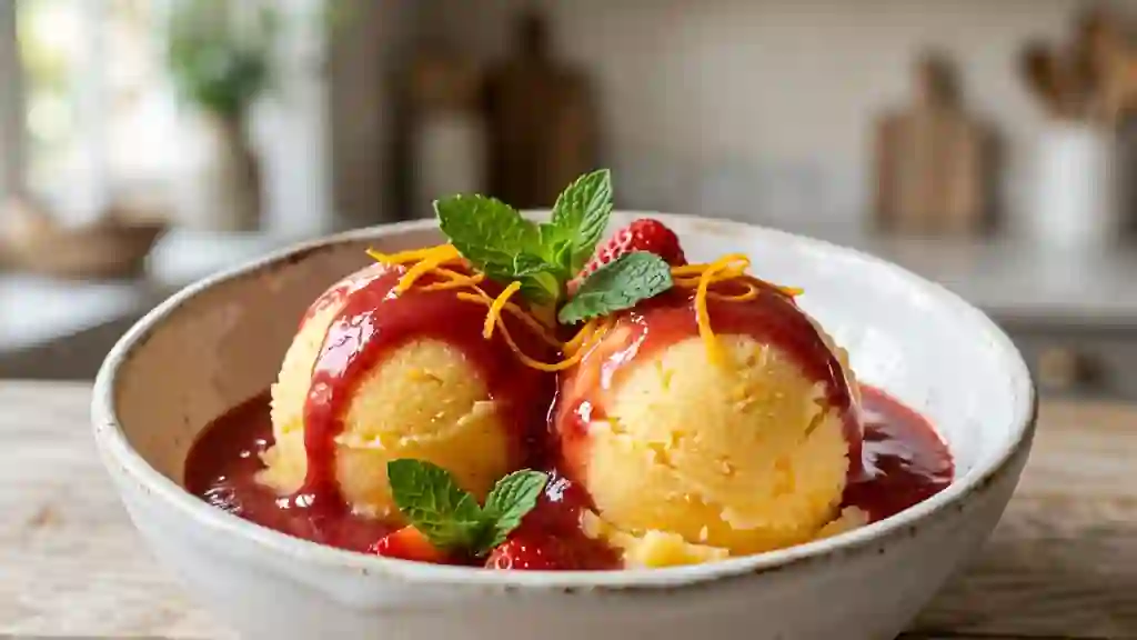 Sorbet orange givré et coulis de fraise onctueux - Photo de présentation