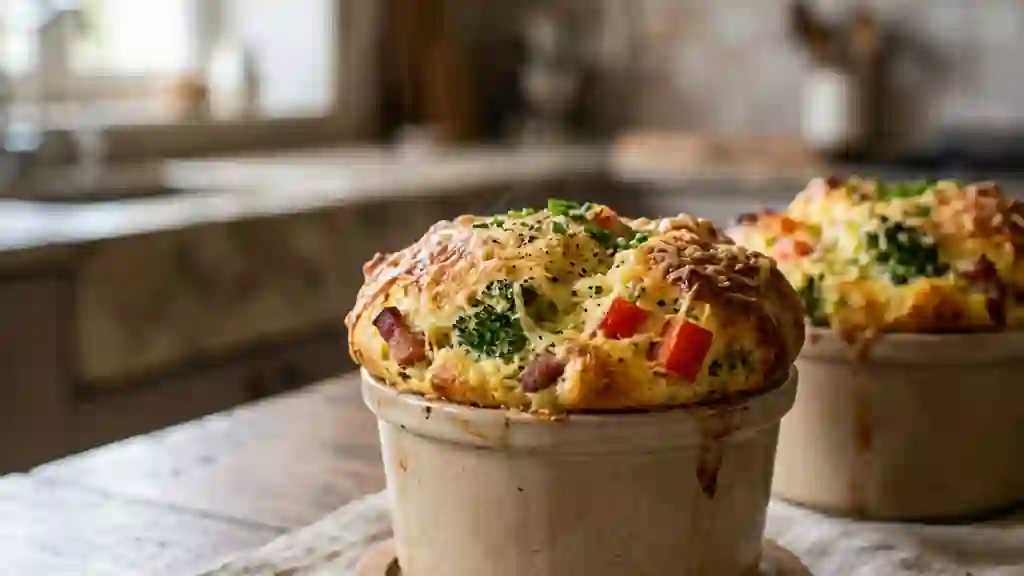 Soufflé fondant brocolis, tomates et lardons - Photo de présentation