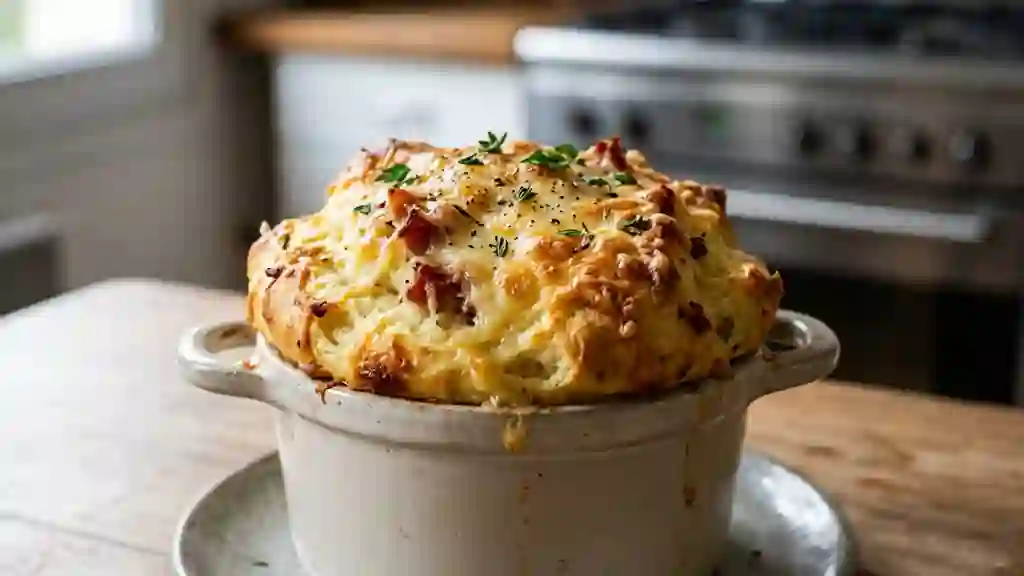 Soufflé de pommes de terre au jambon doré - Photo de présentation