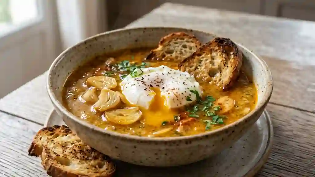 Soupe à l'ail fumée et son pain doré - Photo de présentation