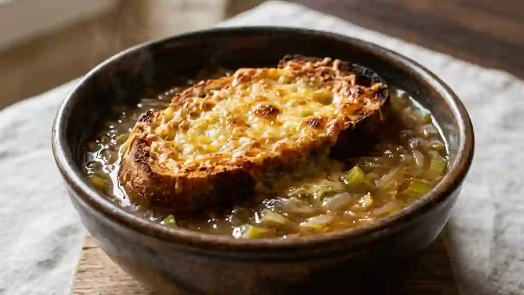 Soupe à l'oignon gratinée au céleri croquant - Photo de présentation
