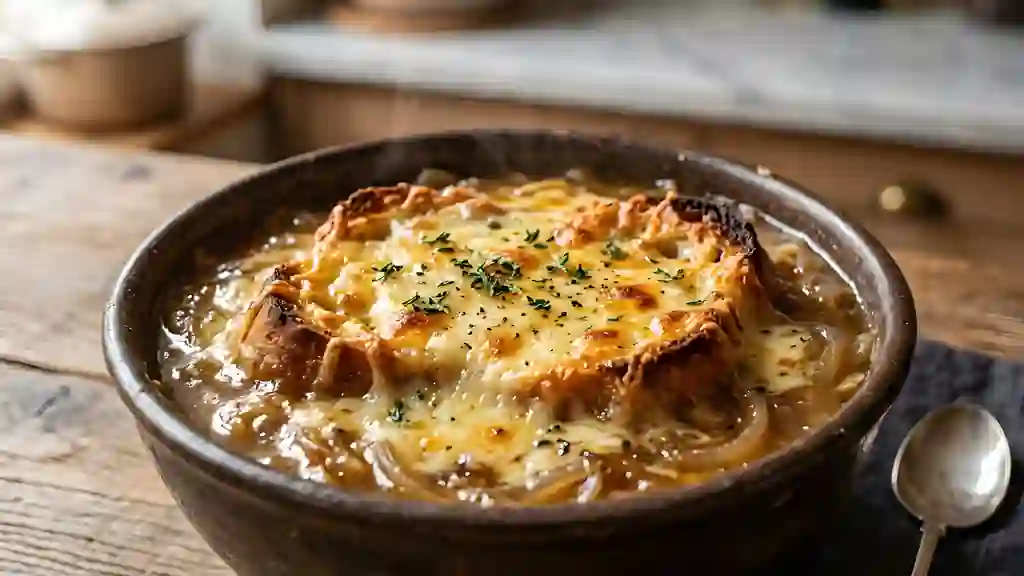 Soupe à l'oignon au champagne, gratin intense - Photo de présentation