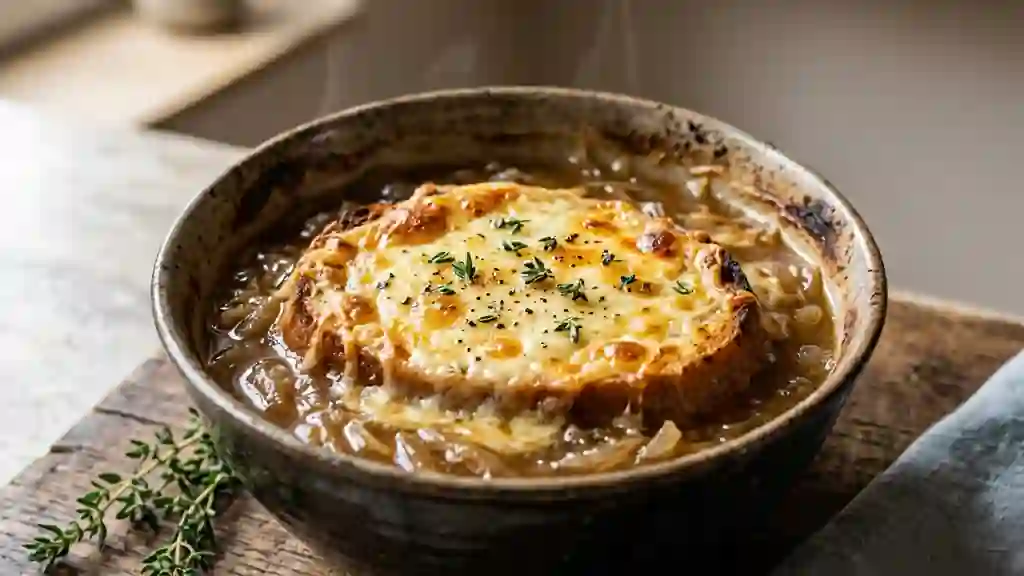 Soupe à l'oignon et camembert fondu - Photo de présentation