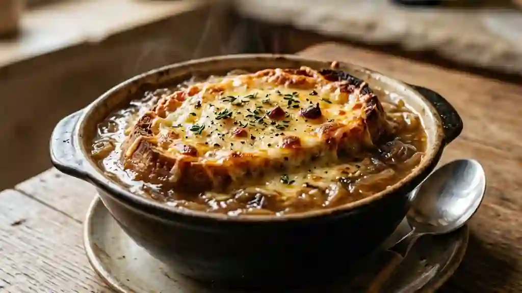 Soupe à l'oignon gratinée et fondante - Photo de présentation