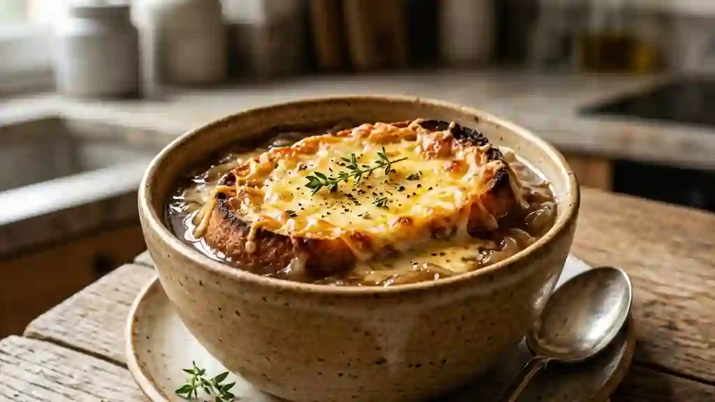 Soupe à l'oignon gratinée et fondante - Photo de présentation
