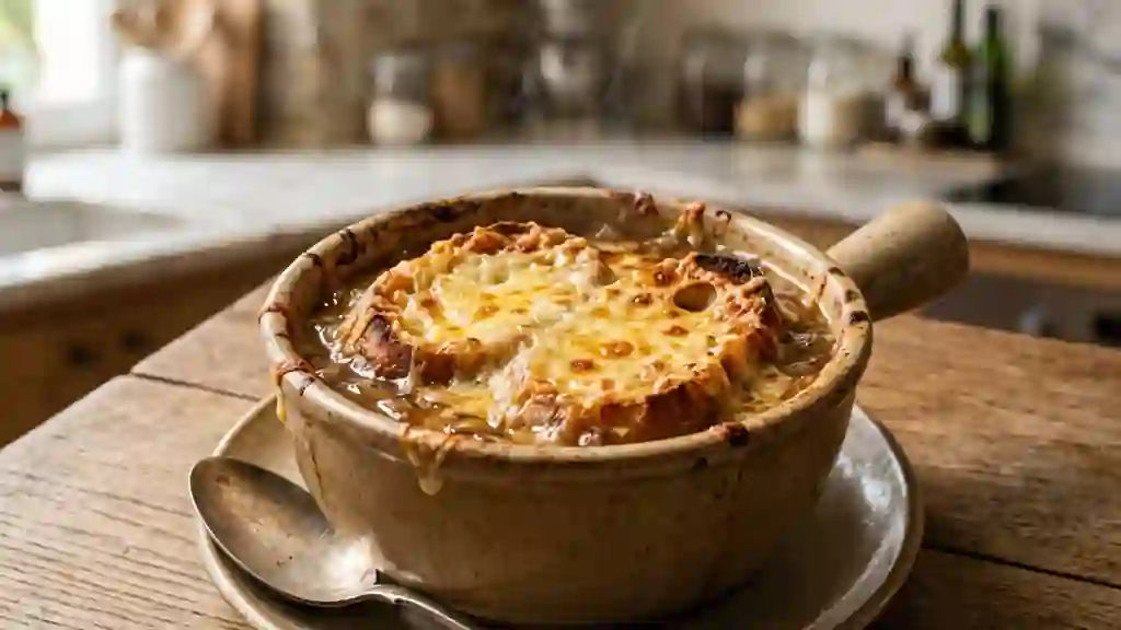 Soupe à l'oignon gratinée au gruyère fondu - Photo de présentation