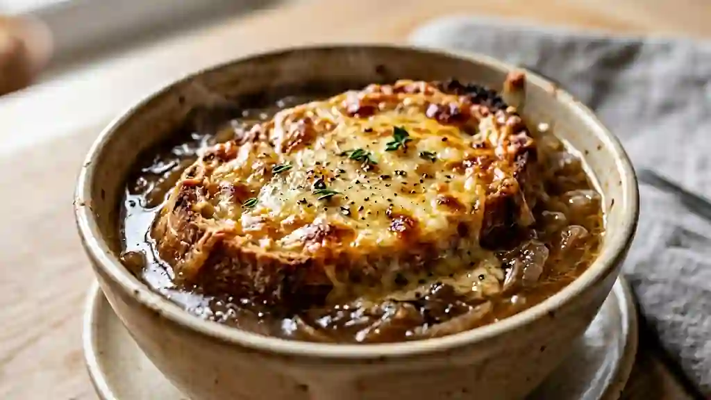 Soupe à l'oignon gratinée et fondante - Photo de présentation
