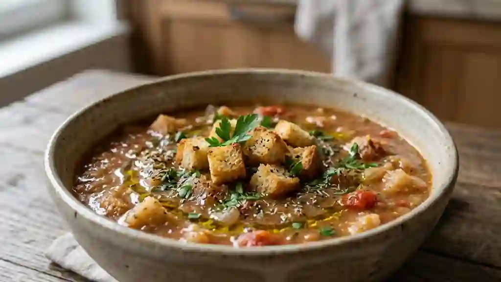 Soupe au pain rustique à l'ail et tomates - Photo de présentation