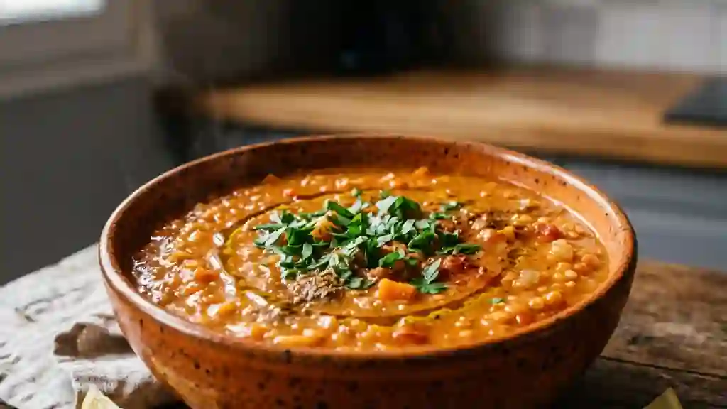 Soupe de lentilles kurde onctueuse et épicée - Photo de présentation