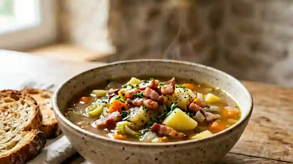Soupe campagnarde rustique aux lardons fumés - Photo de présentation
