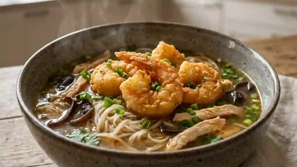 Bouillon parfumé au poulet et crevettes frites - Photo de présentation