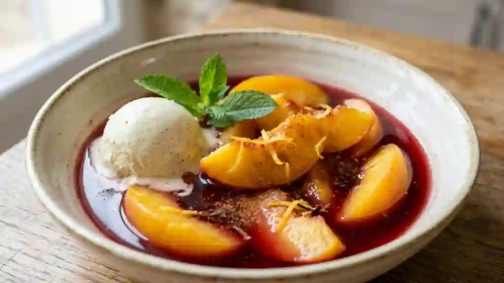 Pêches fondantes au vin rouge et cannelle - Photo de présentation