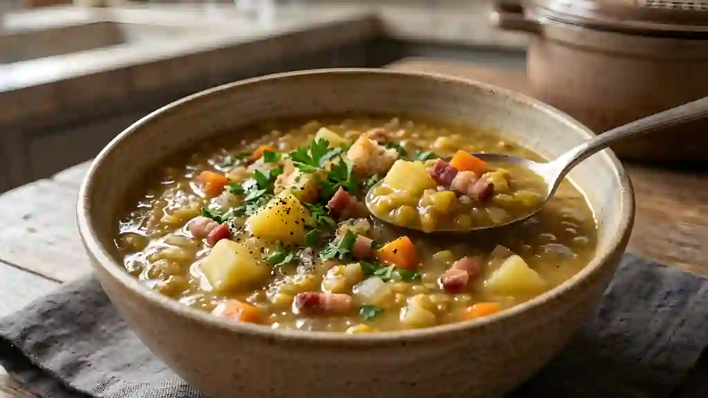 Soupe de pois cassés rustique aux lardons - Photo de présentation