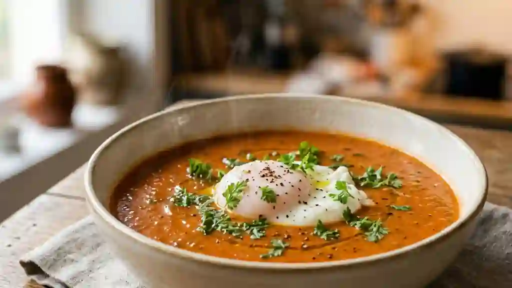 Soupe de tomates onctueuse et œuf poché - Photo de présentation