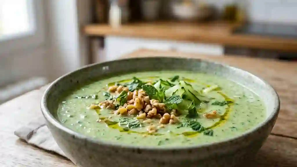 Velouté de concombre glacé et éclats de noix - Photo de présentation