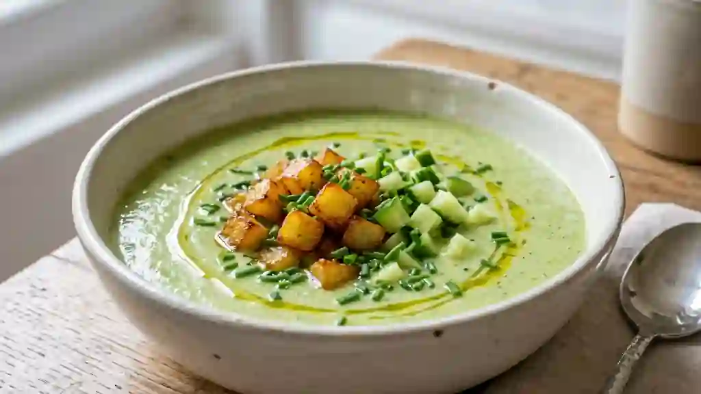 Velouté onctueux de concombre et pommes dorées - Photo de présentation