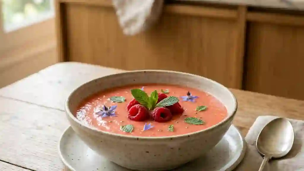 Velouté glacé melon-framboise à la menthe - Photo de présentation