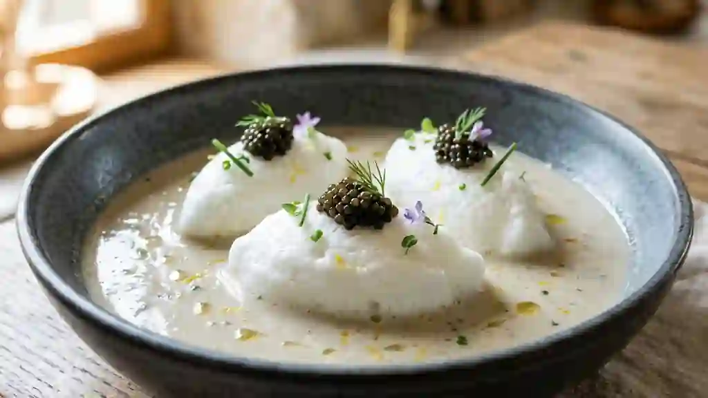 Velouté d'huître glacé, neige de blanc et caviar - Photo de présentation