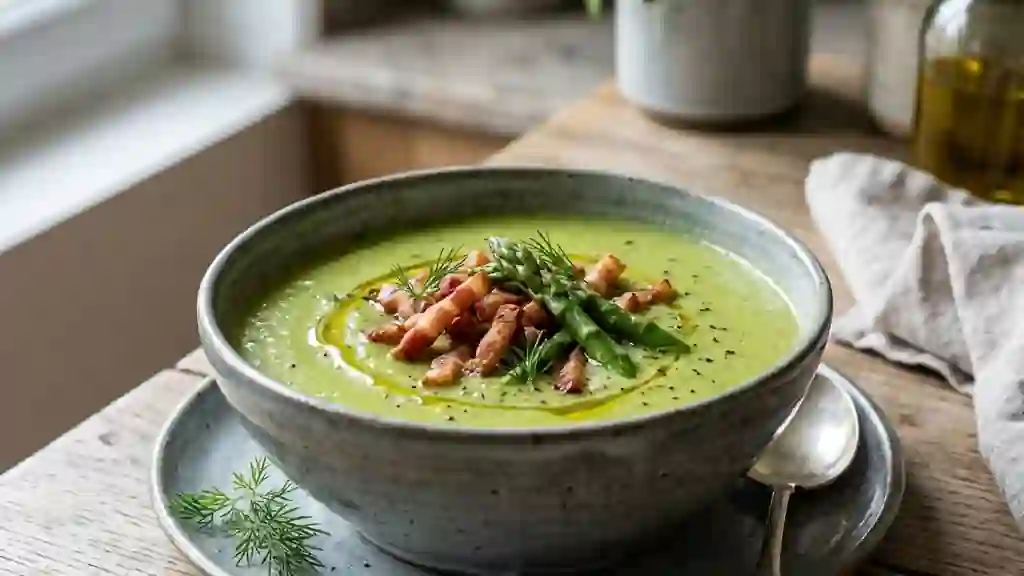 Velouté onctueux de fèves et lard grillé - Photo de présentation