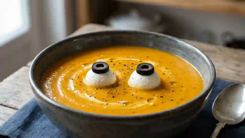 Velouté de carottes soyeux aux yeux d'Halloween - Photo de présentation