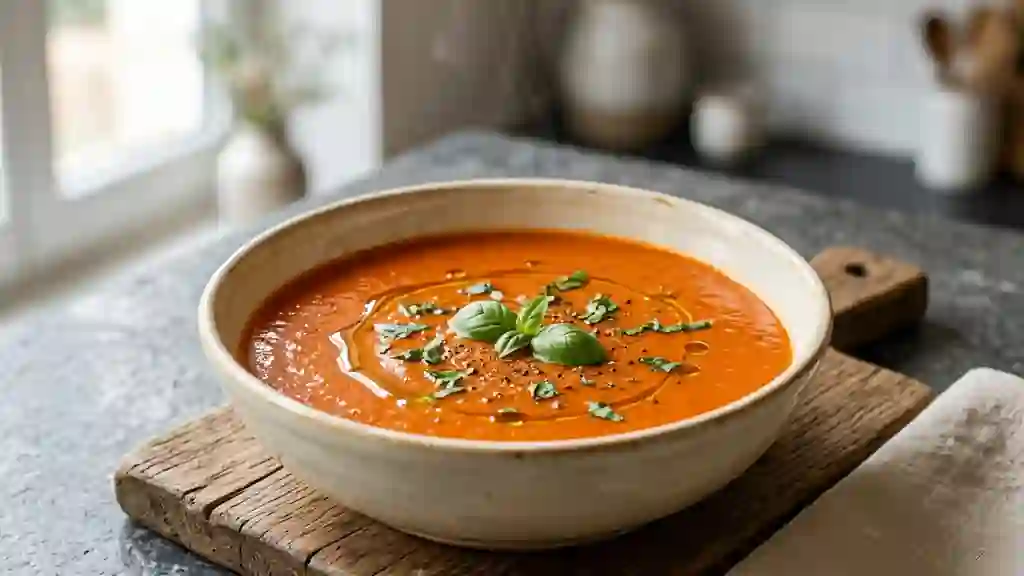 Soupe de tomates onctueuse au basilic frais - Photo de présentation