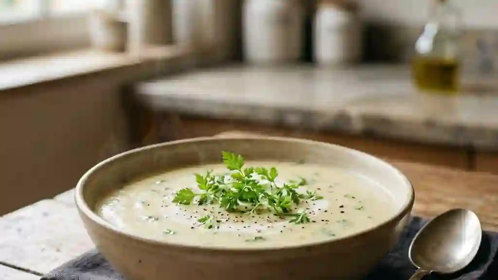 Velouté de pommes de terre soyeux au cerfeuil - Photo de présentation